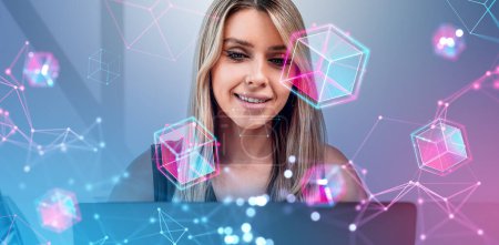 Photo for Smiling businesswoman using laptop, floating data blocks with glowing abstract lines, information fields and immersive vr. Concept of virtual reality, blockchain and metaverse - Royalty Free Image