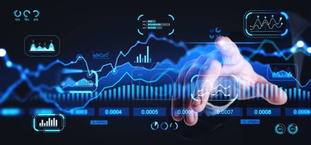 Photo for Businessman finger touching virtual screen, stock market or forex trading graph hud. Digital exchange dynamics with indicators and chart. Concept of financial data and research - Royalty Free Image