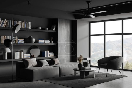 Photo for Grey home living room interior with sofa and armchair, side view coffee table on carpet. Modern design of lounge corner with bookshelf and panoramic window on countryside. 3D rendering - Royalty Free Image
