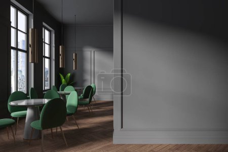 Foto de Interior oscuro café tradicional con sillas y mesa en fila, moldeado simulan partición de pared vacía. Moderno restaurante comedor con ventana panorámica a Nueva York. Renderizado 3D - Imagen libre de derechos