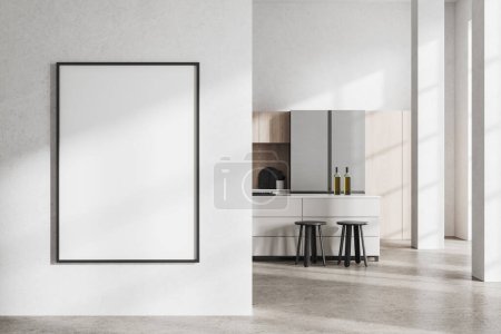 Photo for Interior of modern loft kitchen with white walls, concrete floor, wooden cupboards, big fridge and white bar with chairs. Vertical mock up poster on the left. 3d rendering - Royalty Free Image