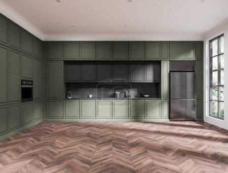 Foto de Interior de la cocina del hogar verde con diseño de gabinete de moldeo, utensilios de cocina modernos con cafetera y horno con nevera. Espacio de cocina con ventana panorámica. Renderizado 3D - Imagen libre de derechos