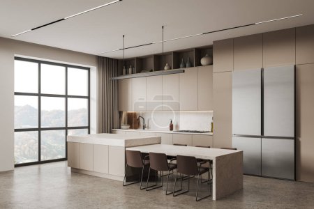 Photo for Modern home kitchen interior with bar countertop, side view chairs and table with fridge. Panoramic window on countryside. Beige dining and cooking corner with kitchenware. 3D rendering - Royalty Free Image