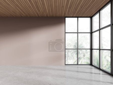 Foto de Interior del estudio de madera y beige del hotel con suelo de hormigón gris, vista frontal. Apartamento vacío de espacio abierto con ventana panorámica en los trópicos. Sin muebles, sin gente. Renderizado 3D - Imagen libre de derechos