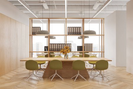 Photo for White and wooden office interior with meeting zone, chairs and board. Pc computer on desk in row on background, partition with shelves and panoramic window on skyscrapers. 3D rendering - Royalty Free Image