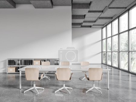 Photo for White meeting interior with chairs and glass table, shelf with documents and partition on grey concrete floor. Conference zone panoramic window on tropics. Mock up copy space. 3D rendering - Royalty Free Image