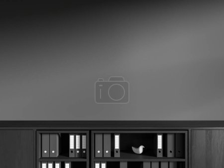 Photo for Interior of stylish office with gray copy space wall and dark wooden file cabinet with black binder folders. Paperwork and document storage. 3d rendering - Royalty Free Image