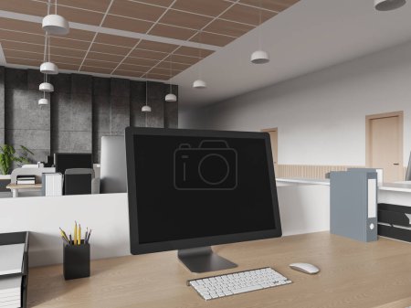 Téléchargez les photos : Vue de l'écran d'ordinateur avec écran noir debout sur une table blanche et en bois dans un élégant bureau ouvert avec des murs blancs. Rendu 3d - en image libre de droit