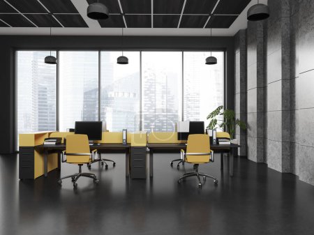 Photo for Dark coworking interior with yellow office chairs in row, pc computer on desk on black concrete floor. Modern workspace design with panoramic window on Singapore skyscrapers. 3D rendering - Royalty Free Image
