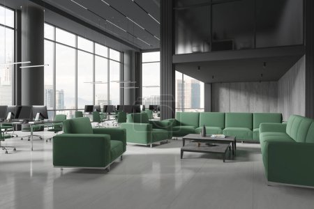 Photo for Dark office loft interior with armchairs and pc monitors in row, side view relax place with sofa and armchairs. Coworking corner with panoramic window on skyscrapers. 3D rendering - Royalty Free Image