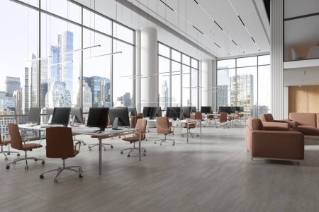 Photo for White business loft interior with armchairs and pc computers in row, side view. Business workspace and chill area with panoramic window on New York skyscrapers. 3D rendering - Royalty Free Image