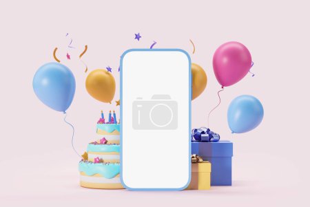 Photo for Large phone mock up empty display, gift boxes with three-tier cake and balloons on pink background. Concept of online order, holiday shopping and present. 3D rendering illustration - Royalty Free Image