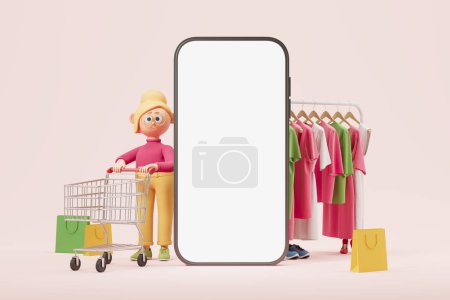Photo for View of cartoon woman with shopping cart and clothing rack standing near smartphone with mock up screen. Concept of online shopping app and e-commerce. 3d rendering - Royalty Free Image