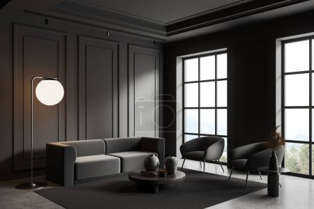 Photo for Corner view of dark home living room interior with sofa and armchairs, side view coffee table with decoration, carpet on grey concrete floor. Panoramic window on countryside. 3D rendering - Royalty Free Image