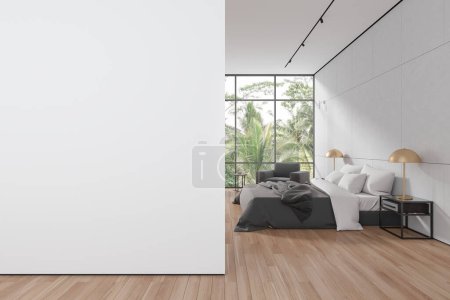 Photo for White home bedroom interior bed and armchair on hardwood floor. Cozy relax room with nightstand and panoramic window on tropics. Mockup empty wall partition. 3D rendering - Royalty Free Image