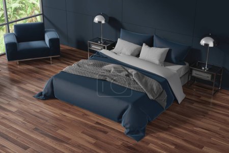 Photo for Top view of stylish bedroom interior with blue walls, dark wooden floor, comfortable king size bed and cozy blue armchair standing near window. 3d rendering - Royalty Free Image