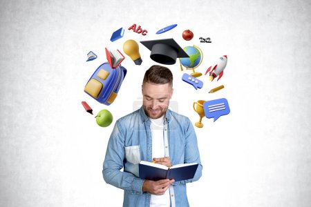 Photo for Smiling man student with graduation cap take notes in notebook, colorful cartoon education icons with books and rocket on grey concrete wall background. Concept of studies, degree and knowledge - Royalty Free Image
