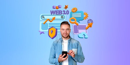 Photo for Smiling man using smartphone, diverse colorful web 3.0 icons with speech bubble, rising arrow and data protection. Concept of new internet generation, browse and privacy - Royalty Free Image