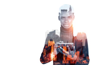 Photo for Black businessman finger touch tablet, double exposure with New York skyline at golden hour. Concept of online conference and social media. Copy space - Royalty Free Image