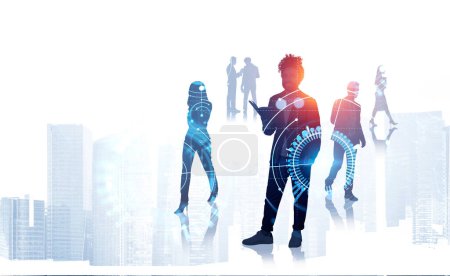Photo for Business people silhouette working together, double exposure of digital mental world, circuit of connection and skyscrapers. Concept of virtual reality - Royalty Free Image