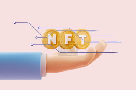 Photo for Cartoon hand holding three gold nft token, blockchain abstract lines. Concept of digital art and banking. 3D rendering - Royalty Free Image