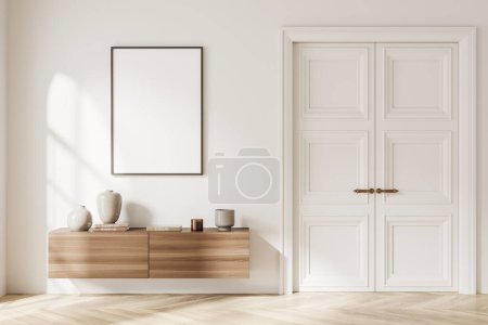 Photo for White gallery room interior with wooden dresser and minimalist decoration, front view. Door molding and hardwood floor. Mock up canvas poster. 3D rendering - Royalty Free Image