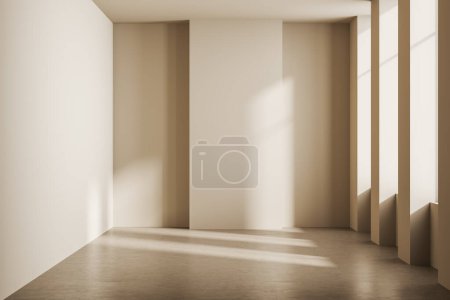 Téléchargez les photos : Salon vide beige intérieur avec sol en béton clair, fenêtre et ombre abstraite. Pas de meubles, pas de gens. rendu 3D - en image libre de droit