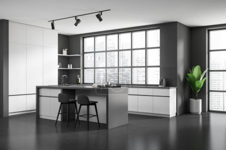 Photo for Black and white kitchen interior with bar island and chairs, side view. Cooking area with kitchenware, panoramic window on city view. 3D rendering - Royalty Free Image