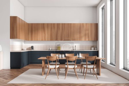 Photo for Light wooden kitchen interior with chairs and dining table on carpet, hardwood floor. Cooking area with kitchenware and panoramic window on skyscrapers. 3D rendering - Royalty Free Image