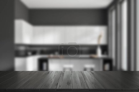 Foto de Encimera oscura en el fondo del elegante interior de la cocina con ventana panorámica. Espacio de copia de burla para la visualización del producto. Renderizado 3D - Imagen libre de derechos