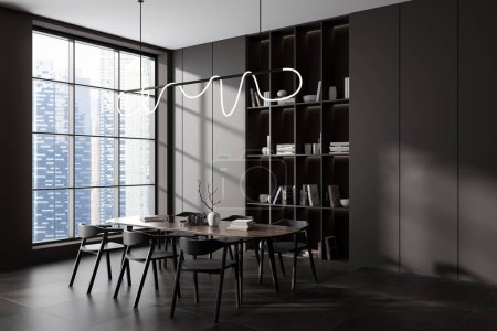 Photo for Dark living room interior with table and chairs, side view, tile concrete floor. Shelf with art decoration and books. Meeting area near panoramic window on skyscrapers. 3D rendering - Royalty Free Image
