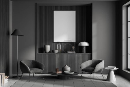 Photo for Dark living room interior two armchairs and coffee table, stylish decoration on drawer, window and grey concrete floor. Mock up canvas poster. 3D rendering - Royalty Free Image