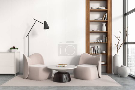 Photo for Front view on bright living room interior with armchairs, coffee table with books, bookshelf, white wall, concrete floor, panoramic window with skyscrapers. Concept of minimalist design. 3d rendering - Royalty Free Image