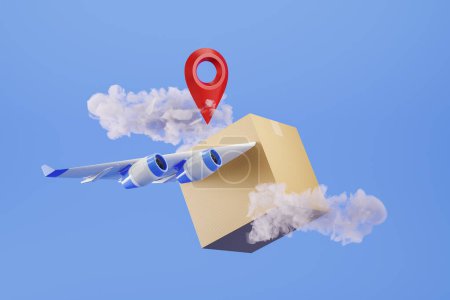 Photo for Cardboard box with airplane wings, red map pin on blue background. Concept of delivery and tracking. 3D rendering - Royalty Free Image