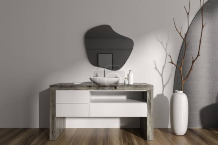 Photo for Stylish bathroom interior with sink and wooden dresser with accessories, hardwood floor. Bathing area with decoration. 3D rendering - Royalty Free Image