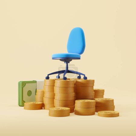 Foto de Sillón de oficina en la parte superior de monedas y billetes de oro en dólares. Concepto de trabajo y salario. Renderizado 3D - Imagen libre de derechos