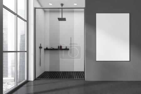 Téléchargez les photos : Intérieur salle de bain sombre avec douche derrière des portes vitrées, fenêtre panoramique sur les gratte-ciel de Singapour. Affiche en toile maquillée. rendu 3D - en image libre de droit