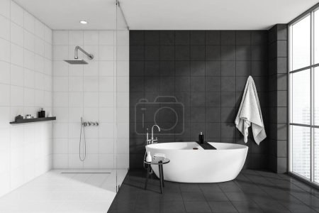 Photo for Front view on dark bathroom interior with bathtub, shower, white and grey walls, panoramic window with city skyscrapers view, concrete tile floor, glass partition, stool with towel. 3d rendering - Royalty Free Image