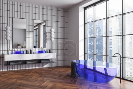 Foto de Moderno estudio interior con bañera, vista lateral, doble lavabo y zona de dormitorio en suelo de madera. Ventana panorámica de la ciudad de Singapur. Renderizado 3D - Imagen libre de derechos