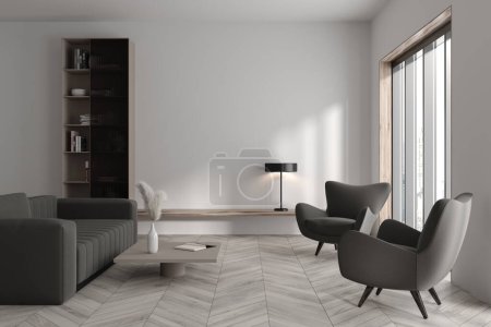 Photo for White living room interior with sofa and two armchairs, coffee table and shelf with decoration. Chill area with panoramic window. Mockup empty white wall. 3D rendering - Royalty Free Image