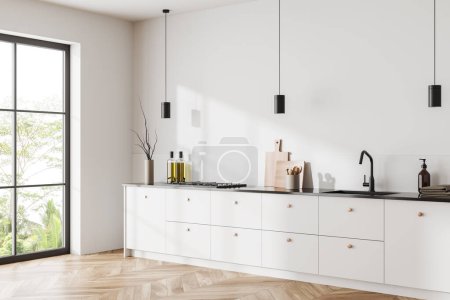 Photo for Corner view on bright kitchen room interior with panoramic window with countryside view, white wall, oak wooden hardwood floor, sink, gas cooker, desks. Concept of minimalist design. 3d rendering - Royalty Free Image