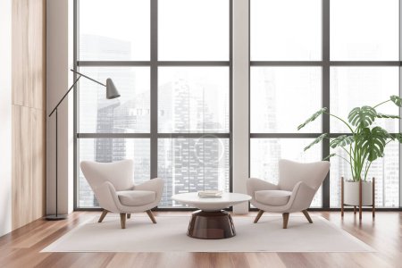 Téléchargez les photos : Salon blanc intérieur avec deux fauteuils, table basse avec décoration. Espace de réunion moderne avec fenêtre panoramique sur la ville. rendu 3D - en image libre de droit