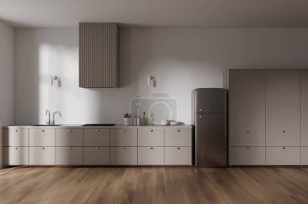 Photo for Interior of modern kitchen with white walls, wooden floor, beige cabinets with built in cooker and sink and comfortable refrigerator. 3d rendering - Royalty Free Image
