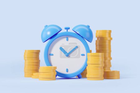 Foto de Reloj despertador azul y pilas de monedas de dólar sobre fondo azul claro. El tiempo es dinero, ahorro e inversión financiera. renderizado 3d - Imagen libre de derechos