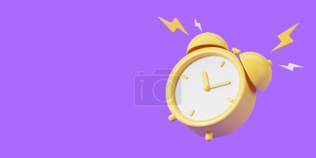 Foto de Dibujos animados reloj despertador amarillo sonando en el espacio de copia vacío fondo púrpura, despertar símbolo. Concepto de plazo, recordatorio y última oportunidad. Ilustración de representación 3D - Imagen libre de derechos