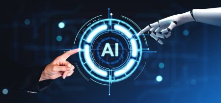 Foto de Manos de mujer de negocios y robot dedo tocando el botón de interfaz de inteligencia artificial inmersiva AI sobre fondo azul oscuro. Concepto de aprendizaje automático e investigación robótica - Imagen libre de derechos