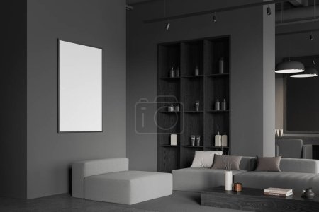 Photo for Interior of stylish barber shop client waiting area with gray walls, concrete floor, cozy armchair and sofa standing near coffee table and shelves with beauty products. Mock up poster. 3d rendering - Royalty Free Image