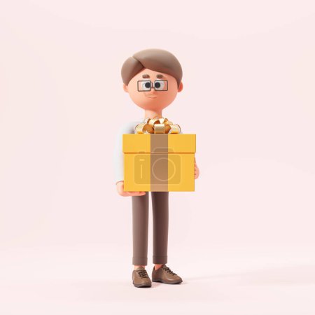 Photo for View of happy cartoon businessman with brown hair in glasses holding big present box with ribbon and bow. Concept of birthday celebration and promotion. 3d rendering - Royalty Free Image