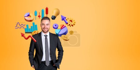 Photo for Smiling businessman portrait with hands in pocket, colorful graph and candlestick icons on empty copy space orange background. Concept of finance, investment and profit - Royalty Free Image