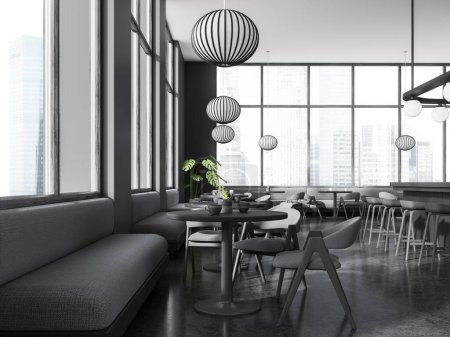 Photo for Stylish grey restaurant interior with eating space with sofa, round table on granite floor. Bar counter with stool and pendant light, panoramic window on skyscrapers. 3D rendering - Royalty Free Image